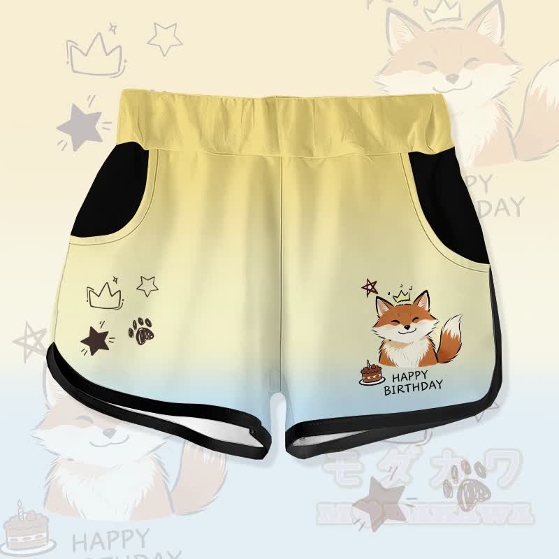 HAPPYバースデー かわいいキツネのケーキ グラフィックModakawaグラデーション ショートパンツ - 黄色 - 5XL - image 4