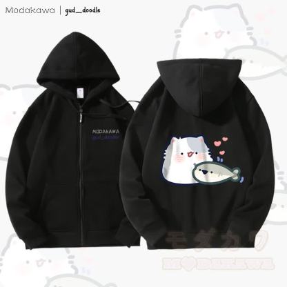 MODAKAWA x gud_doodleキティと魚のグラフィック 裏起毛 ジップアップ パーカー スウェットシャツ - 黒 - 5XL - image 5