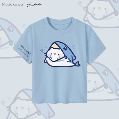 MODAKAWA X gud_doodleシャークキャットグラフィック レディース クロップドTシャツ 92% コーマ綿クロップトップ - Blue - XL - image 3