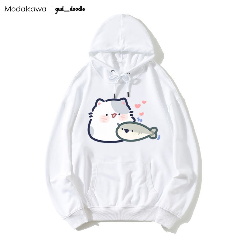 MODAKAWA X gud_doodleキティフィッシュプリント ルーズパーカー - White - 5XL - image 3
