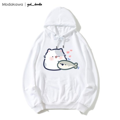 MODAKAWA X gud_doodleキティフィッシュプリント ルーズパーカー - White - 5XL - image 3