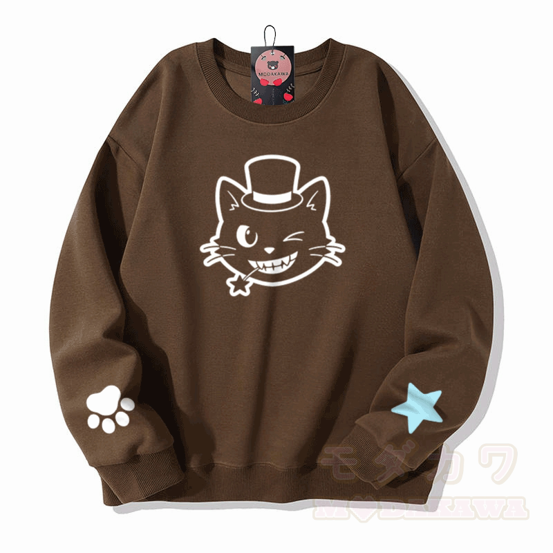 猫の帽子グラフィック入りModakawaスウェットシャツ - 茶色 - 5XL - image 4