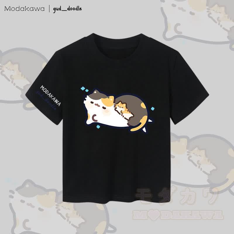MODAKAWA x gud_doodleスリーピングキティ グラフィック レディース クロップドTシャツ 92% コーマ綿クロップトップ - 黒 - XL - image 5