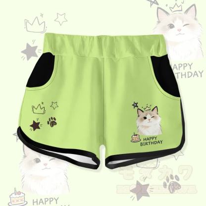 HAPPYバースデー ウィンクキャットケーキ グラフィックModakawaショーツ - 緑 - 5XL - image 3