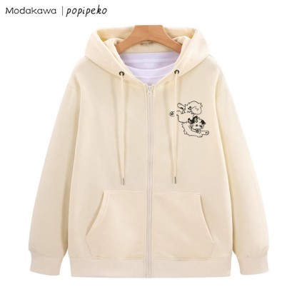 遊び心のある子犬のグラフィック ジップアップ フーディー スウェットシャツ - アプリコット - 5XL - image 3