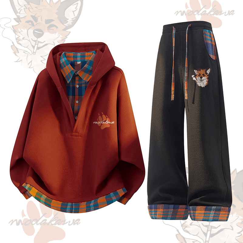 MODAKAWA × atka Fox スモーキング グラフィック チェック柄 フーディー パンツ ツーピースセット - Red & Black - 3XL - image 3