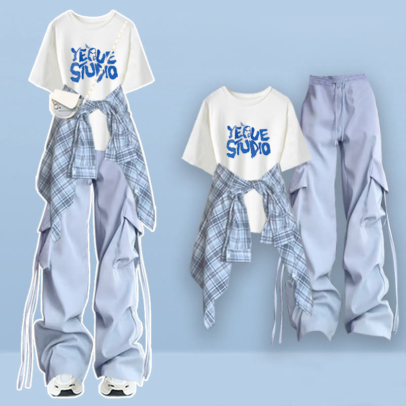 Letter Graphic T-shirt Plaid Shirt Wide Leg Pants Matching Outfit - Three Pieces Set E - XL - image 5