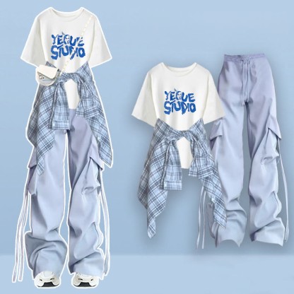 Letter Graphic T-shirt Plaid Shirt Wide Leg Pants Matching Outfit - Three Pieces Set E - XL - image 5