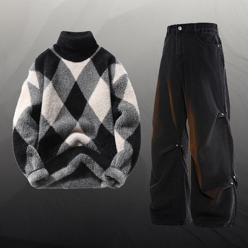 チェック柄ファジーニットセーターデニムパンツツーピース - Set F - 3XL - image 6