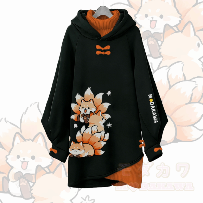 九尾の狐のグラフィックModakawaバックルヴィンテージフード付きスウェットシャツドレス - 黒A - 3XL - image 3