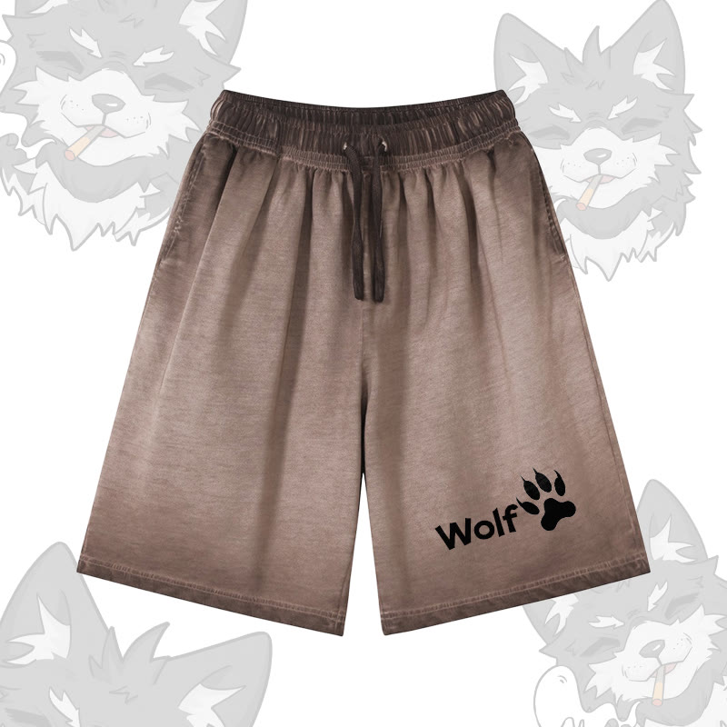 WOLF グラフィックModakawa 100%綿グラデーション ヴィンテージ ウォッシュ加工 ダメージ加工 ショートパンツ - Brown - 5XL - image 3