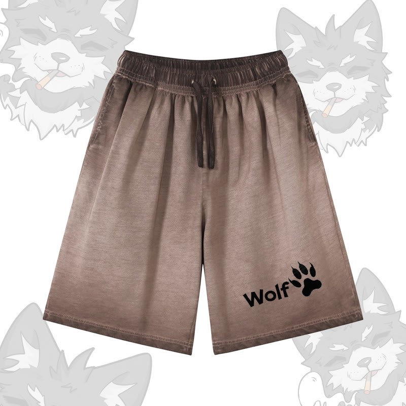 WOLF グラフィックModakawa 100%綿グラデーション ヴィンテージ ウォッシュ加工 ダメージ加工 ショートパンツ - Brown - 5XL - image 3