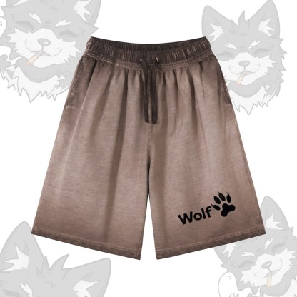 WOLF グラフィックModakawa 100%綿グラデーション ヴィンテージ ウォッシュ加工 ダメージ加工 ショートパンツ - Brown - 5XL - image 3