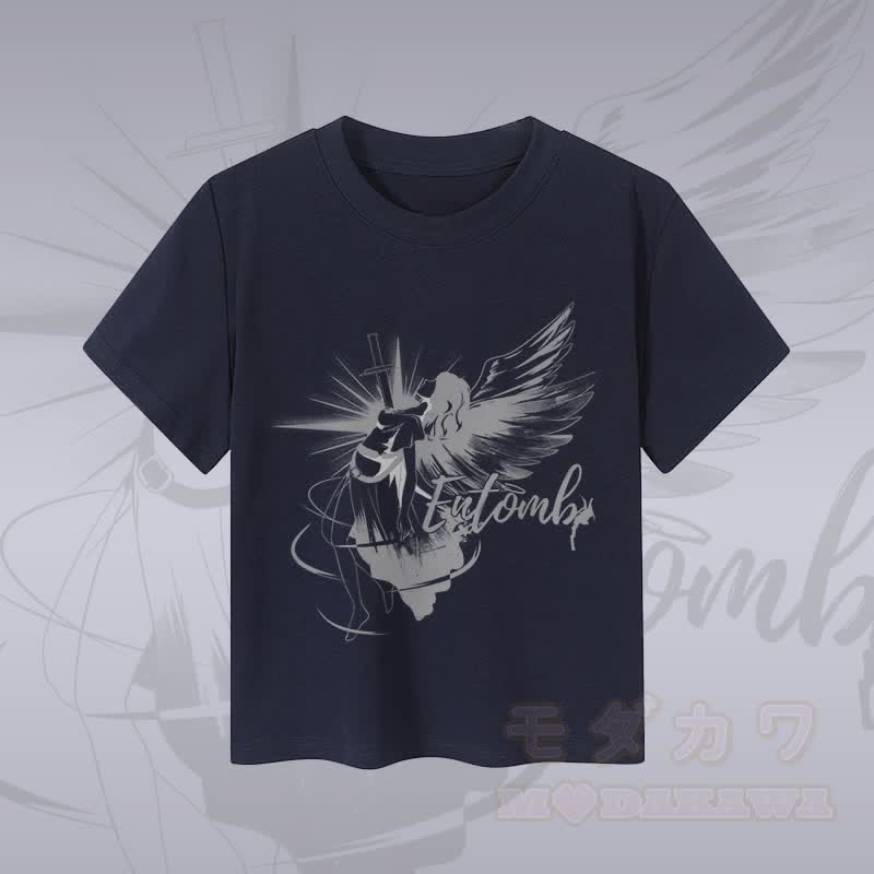 MODAKAWA ENTOMB Fallen Angel グラフィック レディース クロップドTシャツ 92% コーマ綿クロップトップ - 紫がかった青 - XL - image 3