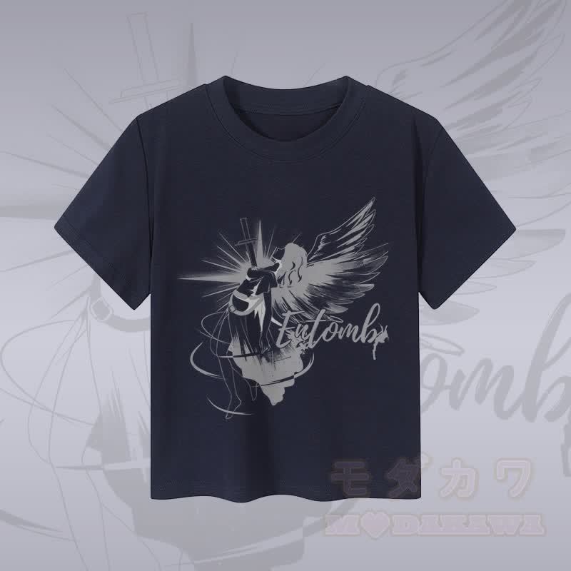 MODAKAWA ENTOMB Fallen Angel グラフィック レディース クロップドTシャツ 92% コーマ綿クロップトップ - 紫がかった青 - XL - image 3
