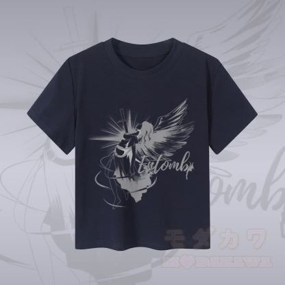 MODAKAWA ENTOMB Fallen Angel グラフィック レディース クロップドTシャツ 92% コーマ綿クロップトップ - 紫がかった青 - XL - image 3