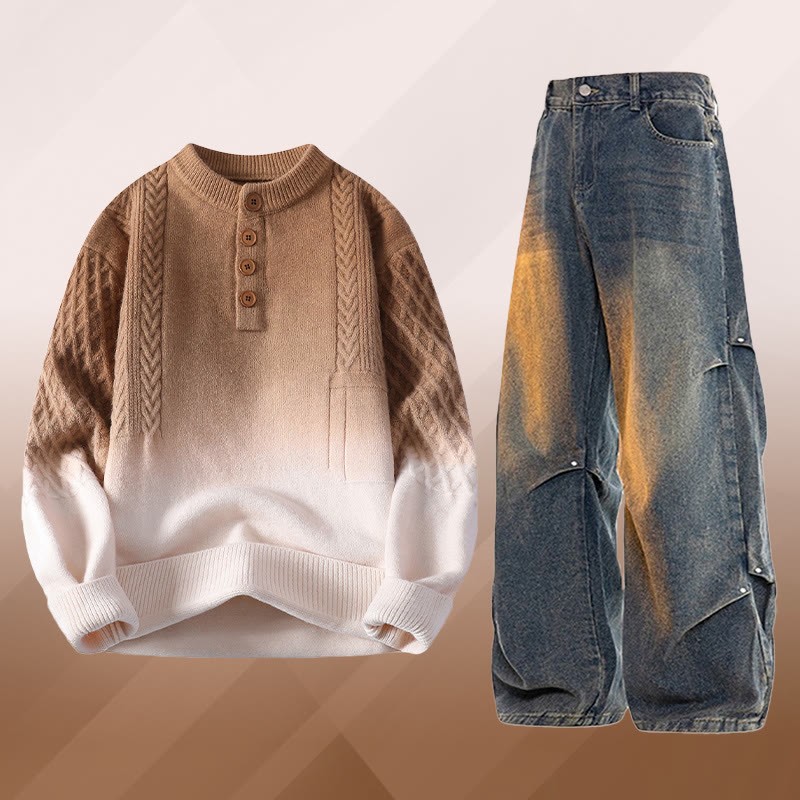 グラデーションケーブルニットセーター デニムパンツ ツーピース - Set H - 3XL - image 8