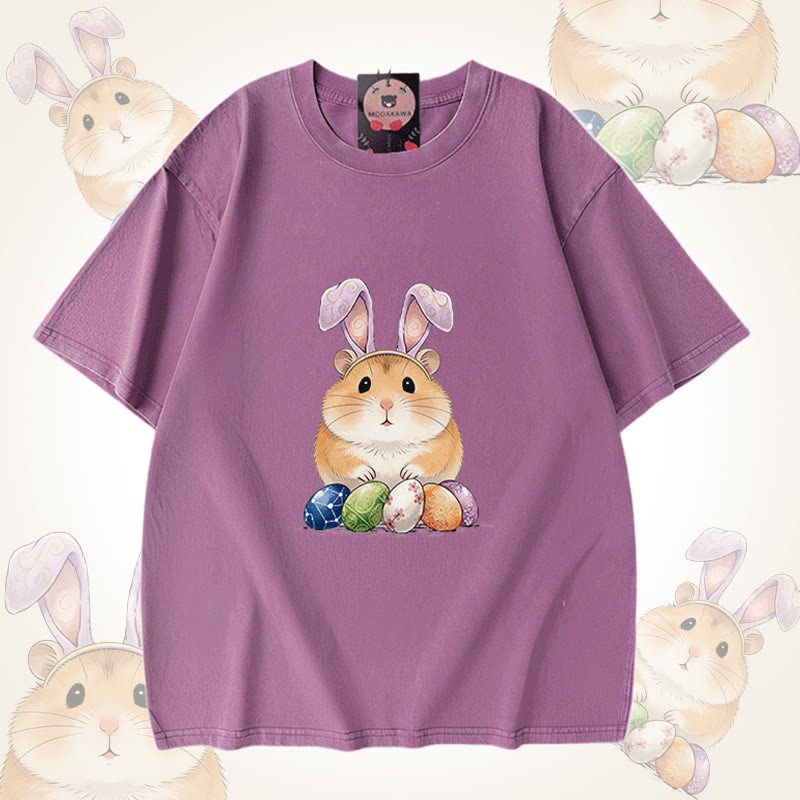 イースターエッグハムスターグラフィックModakawaユニセックス ヴィンテージウォッシュドTシャツ - Purple - 5XL - image 7