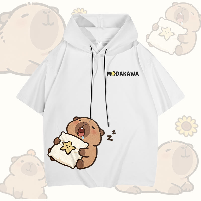 眠そうなカピバラのグラフィック入りModakawa半袖パーカー - White - 3XL - image 4