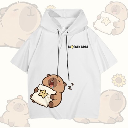 眠そうなカピバラのグラフィック入りModakawa半袖パーカー - White - 3XL - image 4