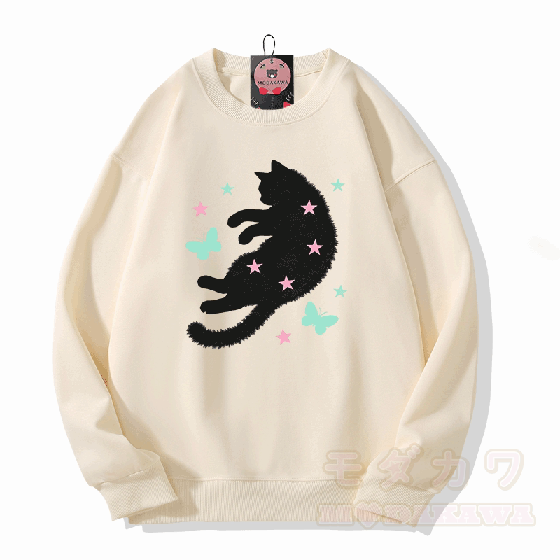 星と蝶と猫のグラフィック入りModakawaスウェットシャツ - ベージュ - 5XL - image 4