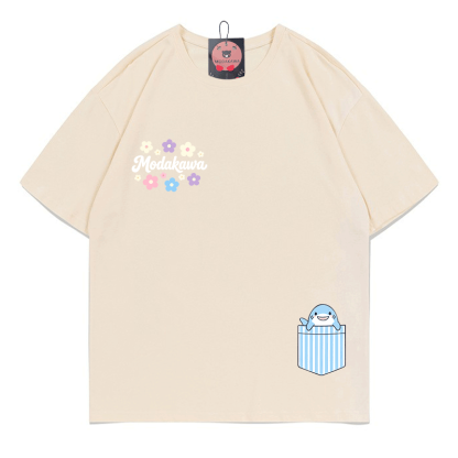 ポケットシャーク フラワー グラフィックModakawa100%綿Tシャツ - Apricot - 5XL - image 4