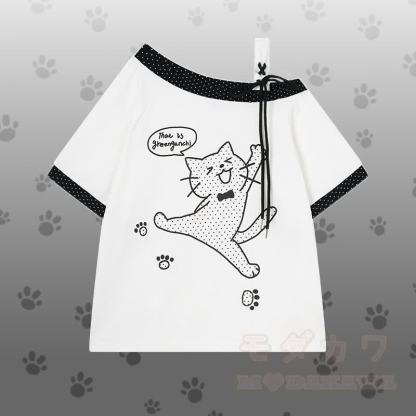 水玉模様の猫柄ワンショルダーTシャツとギンガムチェック柄ショートパンツのセット - 白いTシャツ - L - image 4