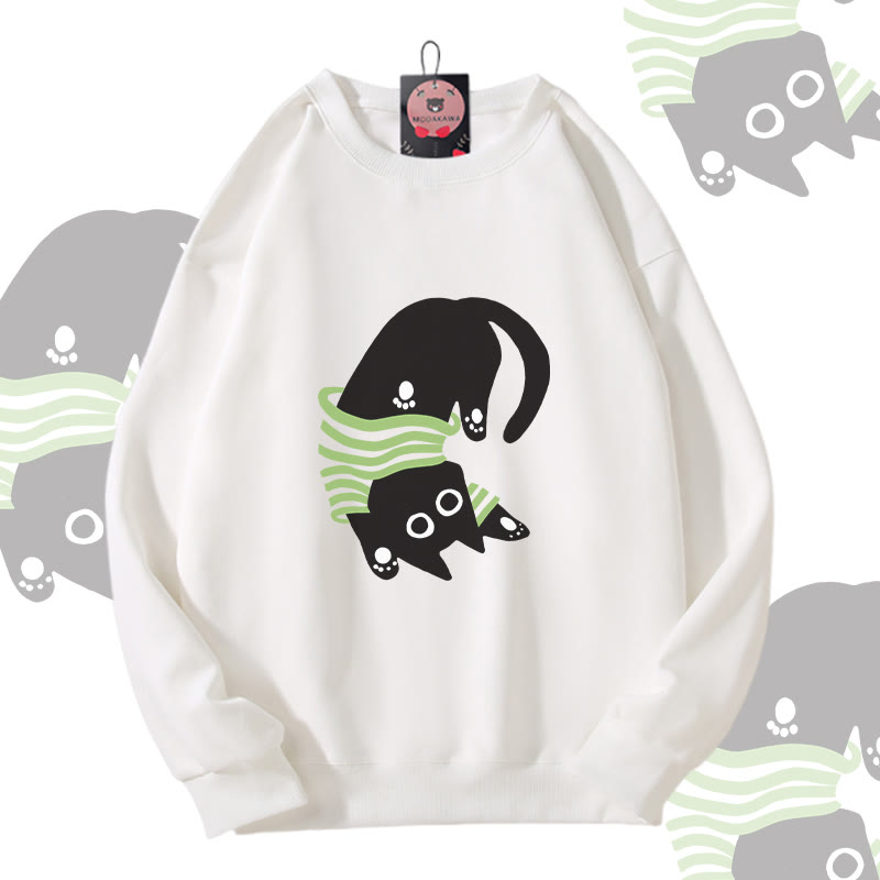 Upside Down Black Cat Graphic Modakawa Unisex Sweatshirt - White - 5XL - image 3