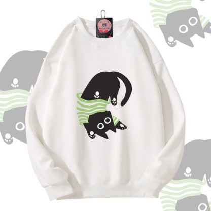 Upside Down Black Cat Graphic Modakawa Unisex Sweatshirt - White - 5XL - image 3