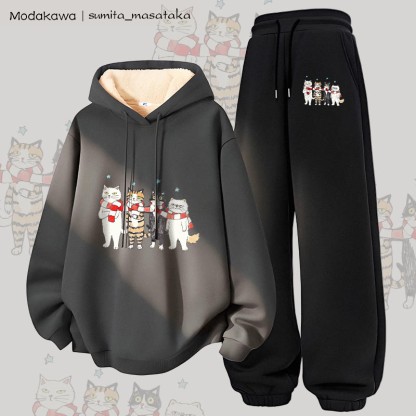 MODAKAWA X sumita_masataka スカーフシェアリングキャッツグラフィック 厚手裏起毛パーカーパンツ 2点セット - Dark Grey&Black - 5XL - image 2