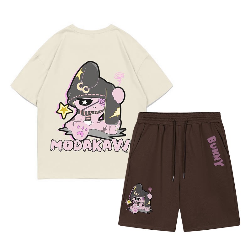 不幸なウサギのグラフィックダーク美学Tシャツショーツ2点セット - ベージュ＆ブラウン - C - 5XL - image 3