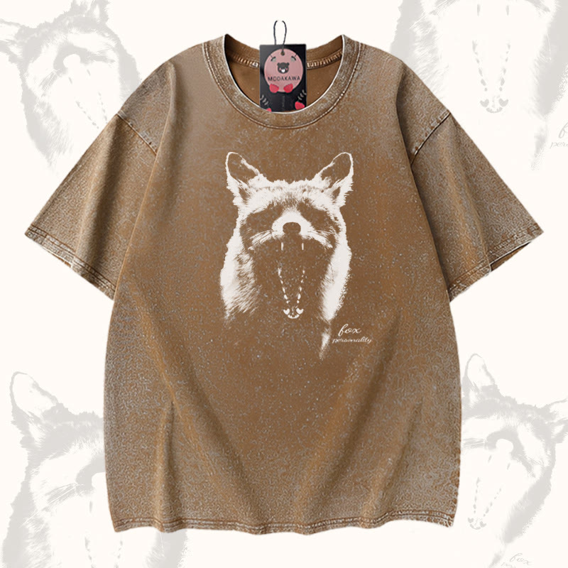 Roaring Fox グラフィックModakawaユニセックス ヴィンテージウォッシュド Tシャツ - Brown - 5XL - image 3