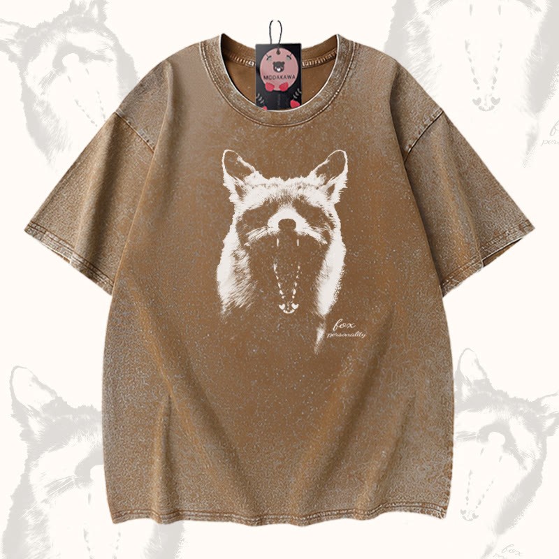 Roaring Fox グラフィックModakawaユニセックス ヴィンテージウォッシュド Tシャツ - Brown - 5XL - image 3