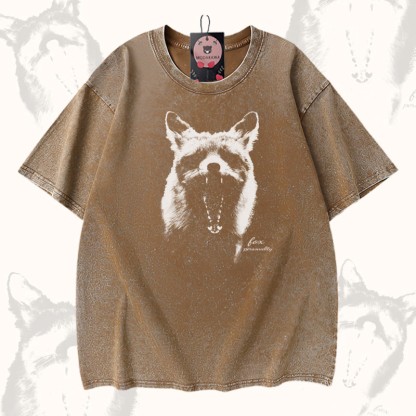Roaring Fox グラフィックModakawaユニセックス ヴィンテージウォッシュド Tシャツ - Brown - 5XL - image 3