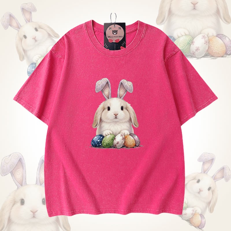 イースターエッグバニーグラフィックModakawaユニセックス ヴィンテージウォッシュドTシャツ - Rose Red - 5XL - image 8