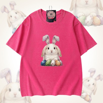 イースターエッグバニーグラフィックModakawaユニセックス ヴィンテージウォッシュドTシャツ - Rose Red - 5XL - image 8