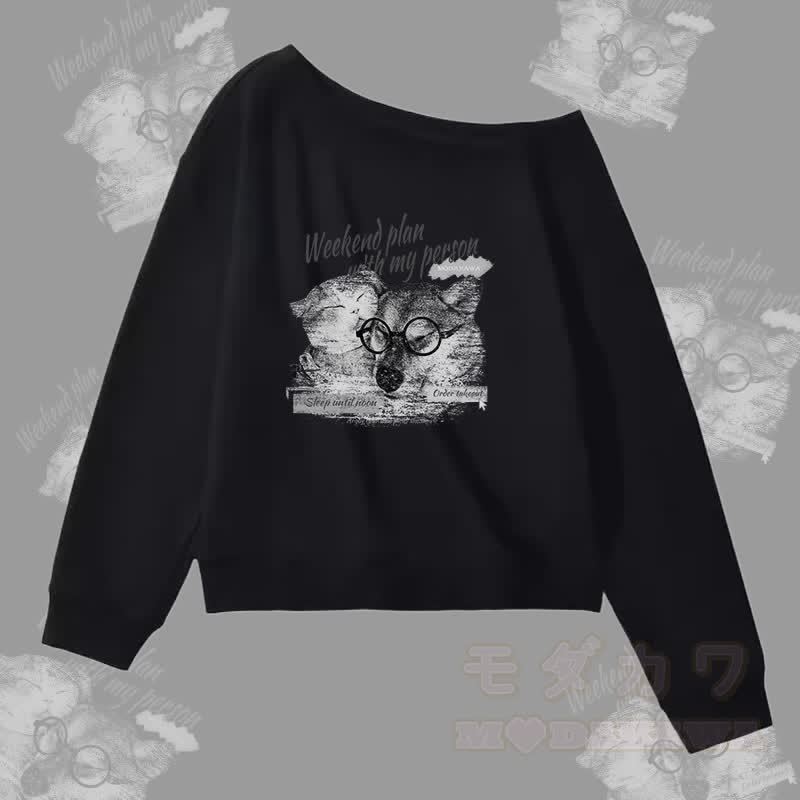 MODAKAWA WEEKEND PLAN WITH MY PERSON パピーキティ グラフィック オフショルダー スウェットシャツ - 黒 - L - image 4
