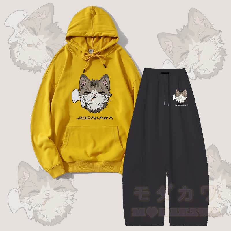 MODAKAWA スモーキングキャットグラフィックパーカー ワイドレッグパンツ 2点セット - イエロー＆ブラック - 5XL - image 6