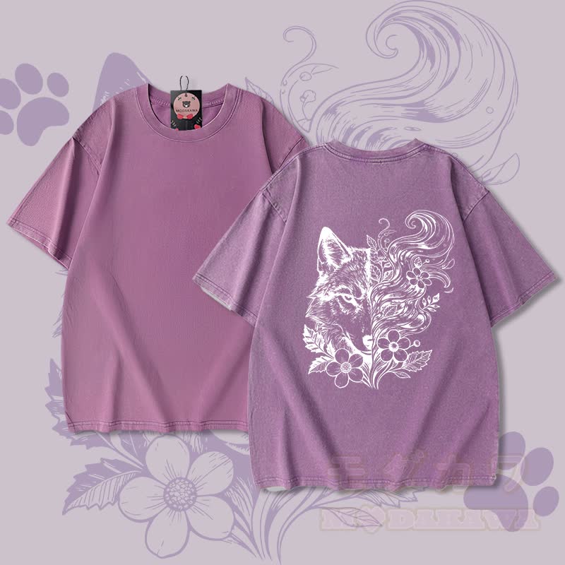 ウルフフローラルグラフィックModakawaユニセックス ヴィンテージウォッシュドTシャツ - 紫 - 5XL - image 5