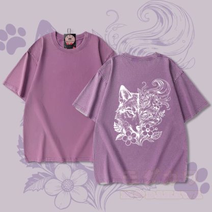 ウルフフローラルグラフィックModakawaユニセックス ヴィンテージウォッシュドTシャツ - 紫 - 5XL - image 5