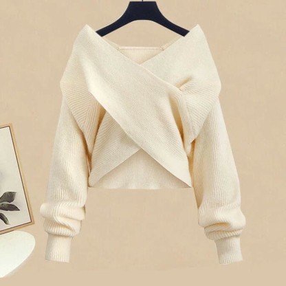 クロスニットセーター、ラペルシャツ、デニムパンツのマッチングコーデ - Apricot Sweater - XL - image 11