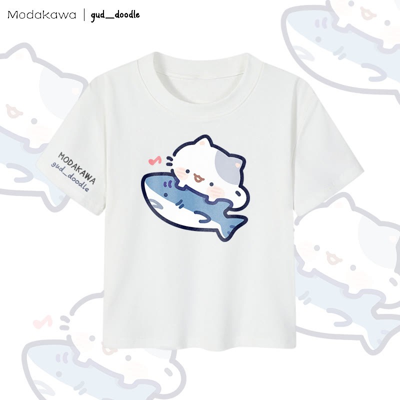 MODAKAWA X gud_doodleキャットシャークグラフィック レディース クロップドTシャツ 92% コーマ綿クロップトップ - White - XL - image 4