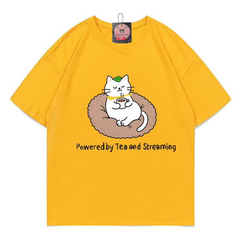 POWERED BY TEA AND STREAMINGキティプリント100%綿ModakawaTシャツ - Yellow - 5XL - image 4