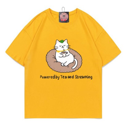POWERED BY TEA AND STREAMINGキティプリント100%綿ModakawaTシャツ - Yellow - 5XL - image 4
