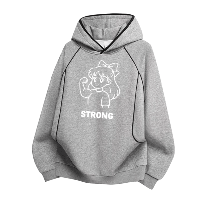 STRONG かわいい漫画の女の子グラフィックModakawaラグランスリーブ オーバーサイズ プルオーバーパーカー - Grey - 3XL - image 3