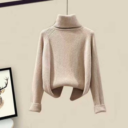 フリースフード付きコート、タートルネックセーター、カジュアルパンツのマッチングコーデ - Khaki Sweater - 2XL - image 7