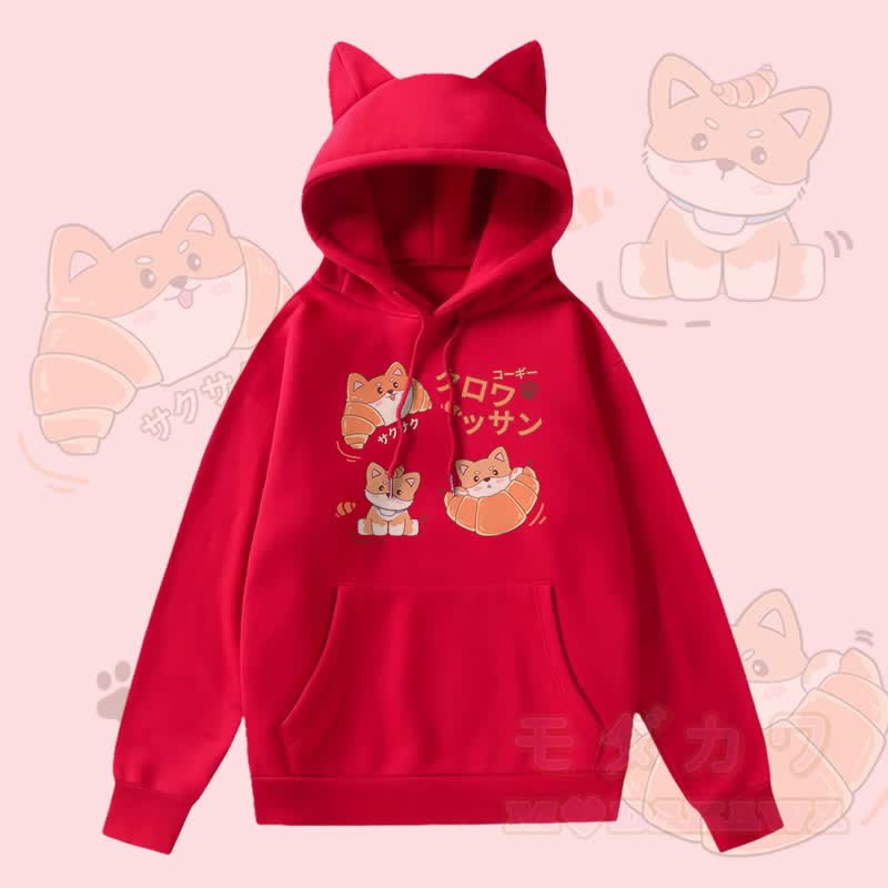 MODAKAWA クロワッサン パピー グラフィック ポケット フリース 裏地 猫耳パーカー - 赤 - 2XL - image 4