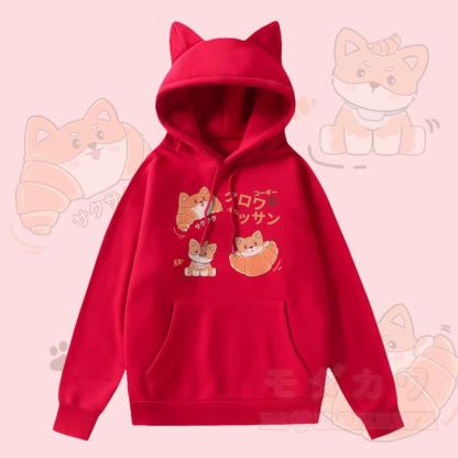 MODAKAWA クロワッサン パピー グラフィック ポケット フリース 裏地 猫耳パーカー - 赤 - 2XL - image 4