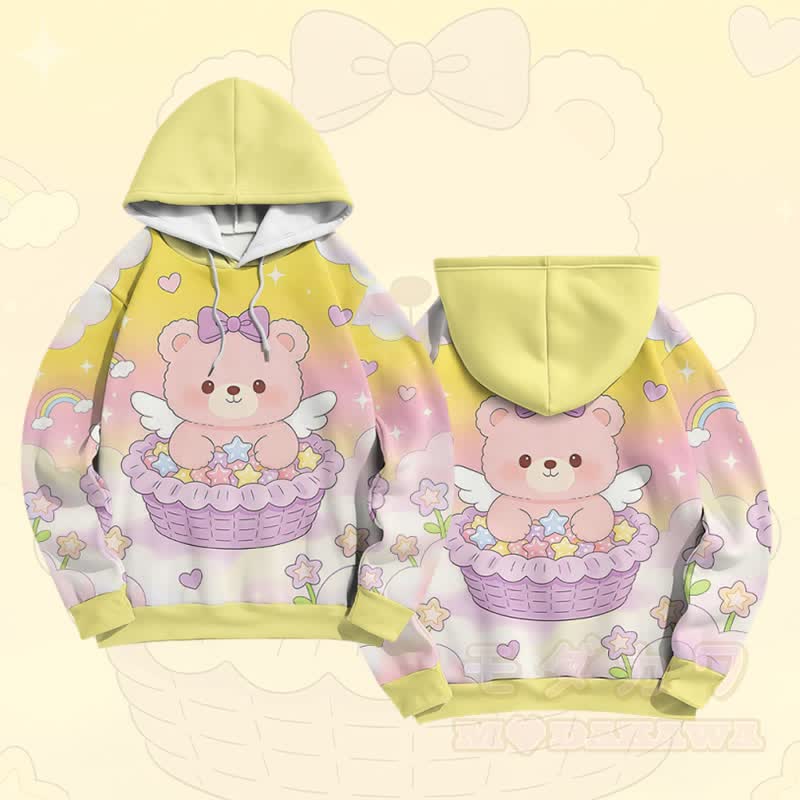 ケーキベアグラフィックModakawaカラーブロックプルオーバーパーカー - 黄色 - 6XL - image 5