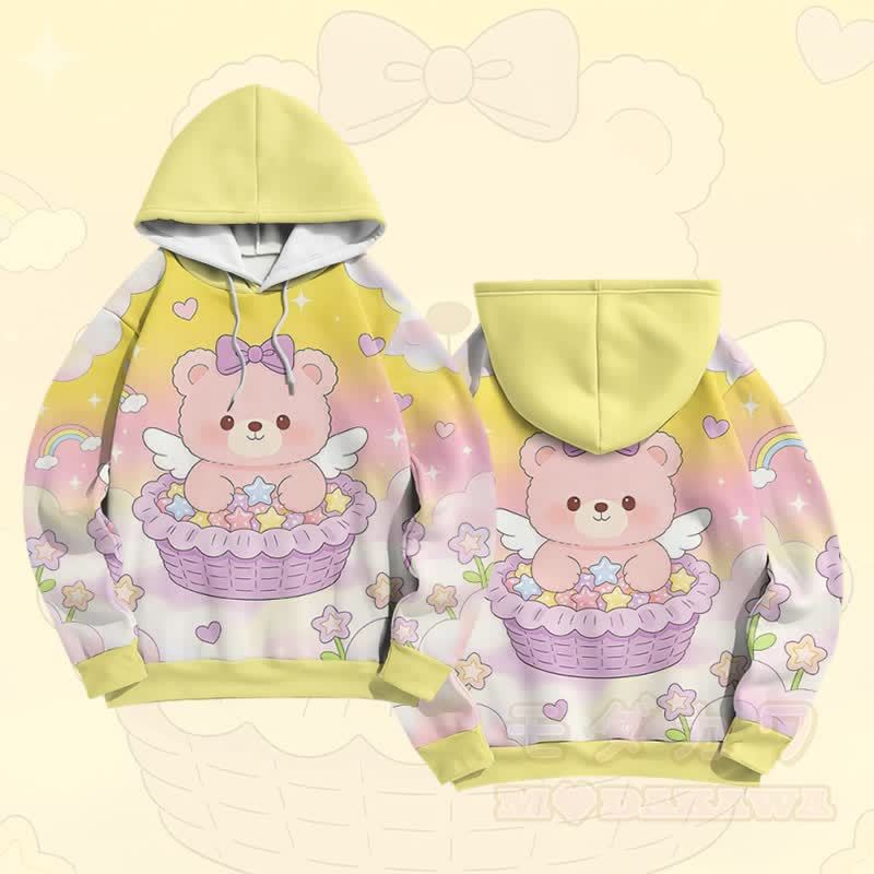 ケーキベアグラフィックModakawaカラーブロックプルオーバーパーカー - 黄色 - 6XL - image 5